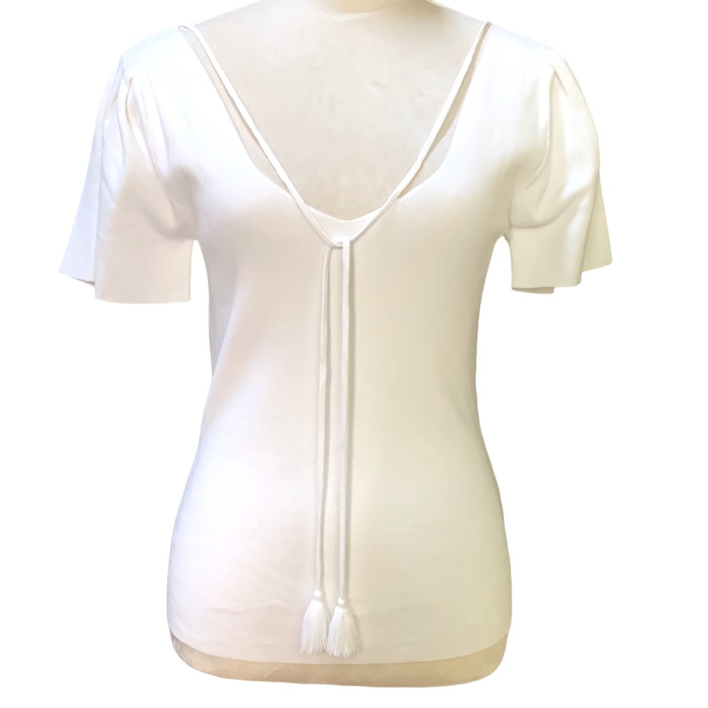 Marie Oliver Ribbed knit top with tassel ties. L worn once